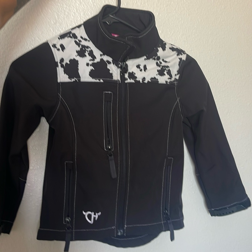 Cowgirl Hardware Girl's Black & Cow Print Yoke Softshell Jacket size small